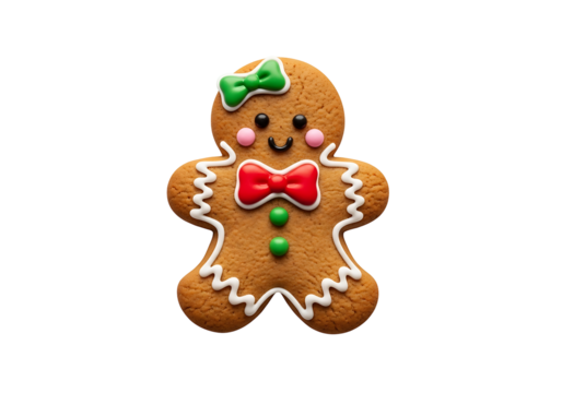 A charming gingerbread girl cookie, decorated with festive icing details, stands out against a stark black background.