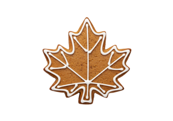 A detailed close-up of a gingerbread cookie shaped like a maple leaf, decorated with white icing.
