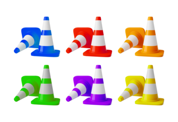 Collection of brightly colored traffic cones isolated on transparent background