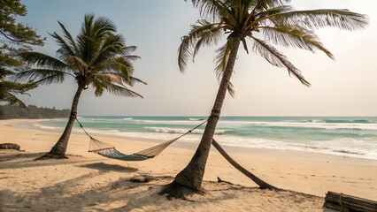 Relaxing hammock between palm trees on a tropical beach