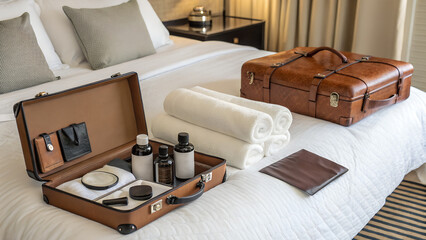 Vintage leather travel trunk with toiletries on a bed