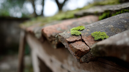 Close-up of moss growing on an old rustic roof tile.
