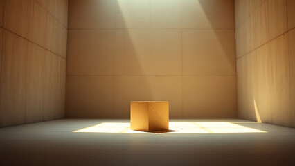 Beige Cube Pedestal in Sunlit Concrete Room