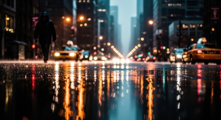 Obraz premium Rainy City Street at Night with Reflections