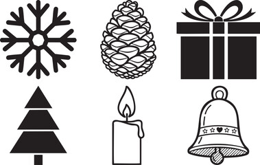 Festive christmas icons including a snowflake pine cone gift christmas tree candle and bell for holiday designs and decorations