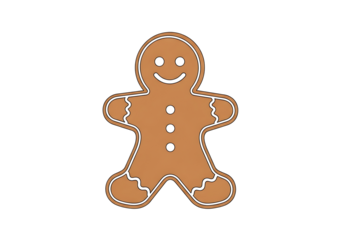 A simple gingerbread man illustration, displayed against a dark background, features a warm brown color scheme and outlined with white icing details.