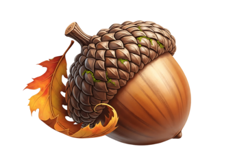 Detailed illustration of an acorn with autumn leaves against a black backdrop.