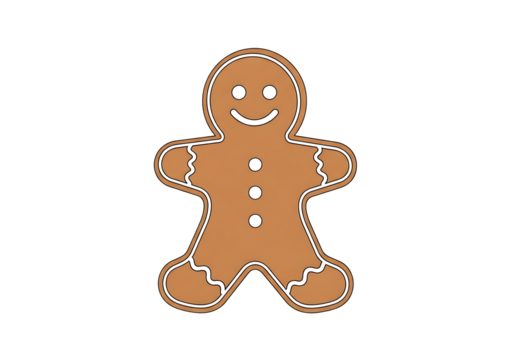 A simple gingerbread man illustration, displayed against a dark background, features a warm brown color scheme and outlined with white icing details.