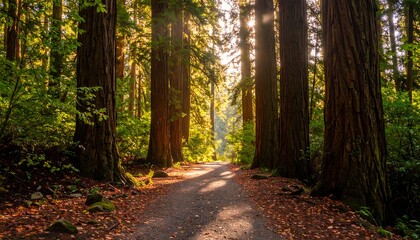 Obraz premium A tranquil forest path illuminated by sunlight streaming through towering trees