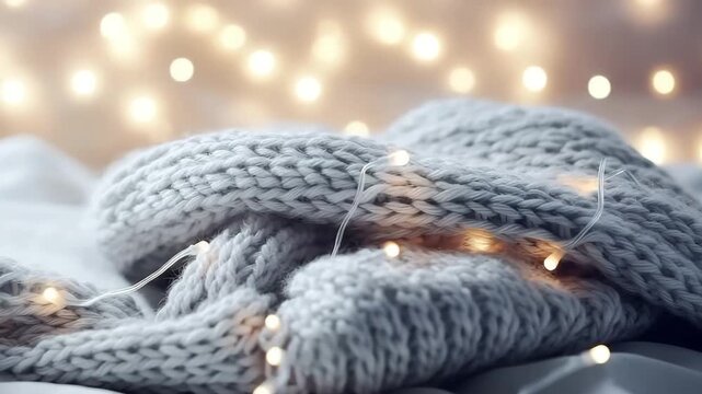 Warm knitted gray plaid decorated with glowing garland and bokeh lights, cozy hygge winter concept for comfort, relaxation and festive holiday mood.