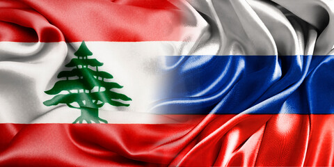 The national flags of Russia and Lebanon are combined into one and placed side by side on a fluttering cotton background. Flags.