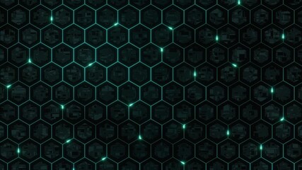 Glowing teal hexagons create a high-tech digital network background. - Powered by Adobe