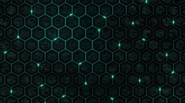 Glowing teal hexagons create a high-tech digital network background. - Powered by Adobe