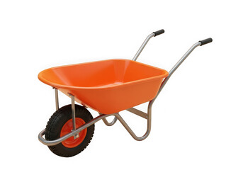 Bright orange wheelbarrow isolated on transparent background