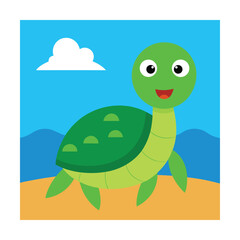 Green cartoon turtle on a sandy beach with blue ocean