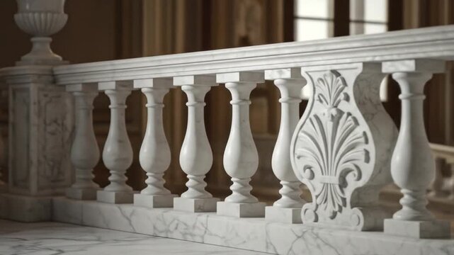 Close up of an ornate white marble balustrade with decorative carvings and a marble floor indoors
