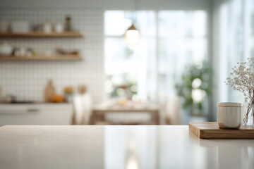 A clean and stylish kitchen setting showcases a blurred background with natural elements and warm lighting, creating a cozy atmosphere