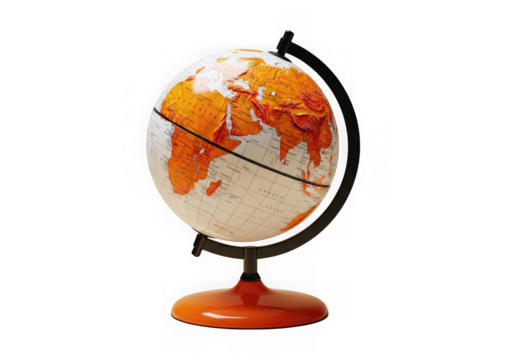 Decorative globe with orange continents isolated on transparent background