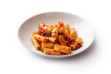 Tortiglioni con sugo di salsiccia, pasta italiana 