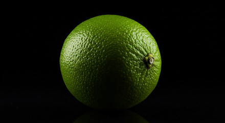A single green lime with a textured skin isolated against a dark black background in a studio shot