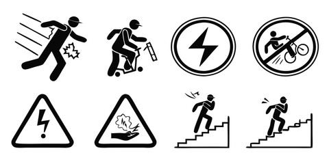safety warning icons set with slip hazards electrical danger and caution symbols isolated on white background.