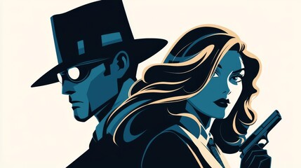 Stylized illustration of a detective duo, embodying mystery and intrigue in a vintage detective theme.