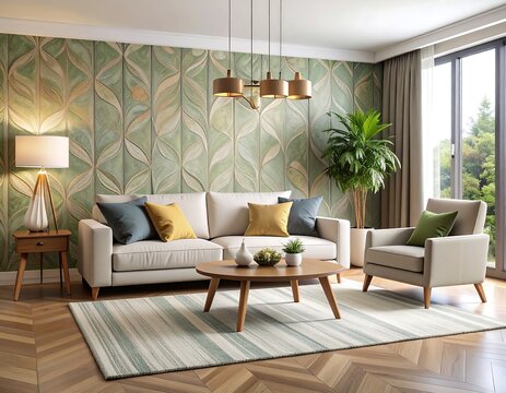 Modern living room with light beige couch and green patterned wallpaper