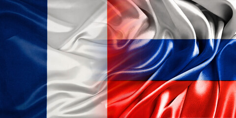 The national flags of Russia and France are combined into one and placed side by side on a fluttering cotton background. Flags.