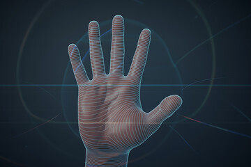 Futuristic hand scan interface with digital lines and glowing effects conveys biometric security, artificial intelligence and advanced technology concept