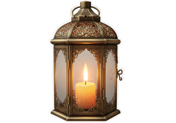 A decorative, ornate lantern with glass panels and a burning candle radiates warm golden hues against a dark background.