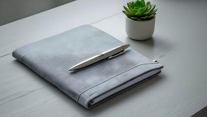 Flatlay of grey notebook pen and green plant workspace