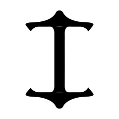 Stylized letter I in bold black with symmetrical artistic flourishes