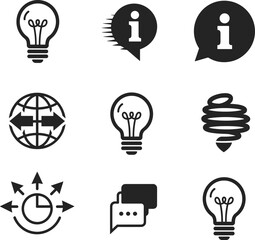 Light bulb icons, information symbols, communication, global network, pie chart, chat message, creative ideas, innovation, business, black vector illustration