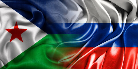 The national flags of Russia and Djibouti are combined into one and placed side by side on a fluttering cotton background. Flags.