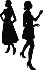 Silhouette of elegant women in fashionable dresses and high heels, stylish female figures, modern fashion design, beauty art, lifestyle illustration
