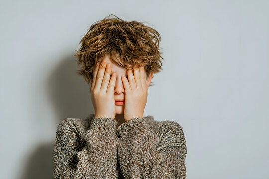 Unhappy kid boy hands hides his face, child mental halth concept, world autismawareness day, teen autismspectrum disorder awarenes concept
