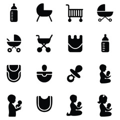 Baby and Newborn Vector Icon Set Black Silhouette Collection for Infant Care Products and Parenting Resources