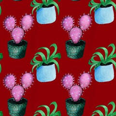 Seamless pattern made in watercolor technique with images of different cacti on a red background. For coloring wrapping paper, fabrics, wallpaper and much more.

