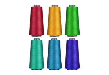 Six spools of colorful thread arranged in two rows isolated on transparent background