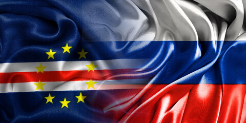 The national flags of Russia and Cape Verde are combined into one and placed side by side on a fluttering cotton background. Flags.