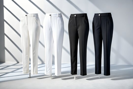 Collection of stylish black and white pants isolated on white background, perfect for showcasing different styles and designs for various occasions