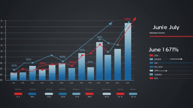 Business graph with blue bars and red and blue lines showing data trends and growth over time