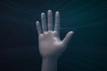Artificial intelligence hand reaching out with wireframe overlay, futuristic technology concept for innovation, digital transformation, and connectivity solutions
