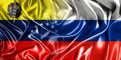 The national flags of Russia and Venezuela are combined into one and placed side by side on a fluttering cotton background. Flags.