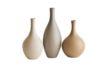 Three ceramic vases isolated on a transparent or white background. Decorative ceramic vase set isolated.