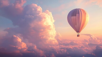 Naklejka premium A vibrant hot air balloon floats serenely above soft, fluffy clouds, bathed in warm sunlight during a picturesque sunset.