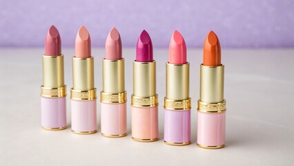 Fototapeta premium A row of six lipsticks in various shades of pink, purple, and orange against a purple backdrop
