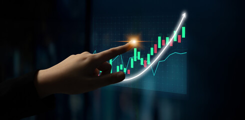 Detailed digital financial chart showcasing a hand pointing at an upward trend with candlestick graphs representing economic growth and market analysis. Impute