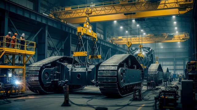 Largescale industrial workshop with cranes positioning heavy crawler segments to create a subsea mining machine.