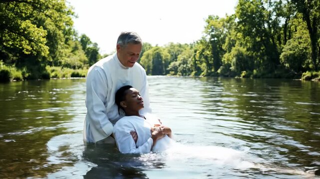 River Baptism Ceremony - A pastor assists a young person during a baptism ceremony in a calm river. The serene natural setting emphasizes the spiritual significance of the event.